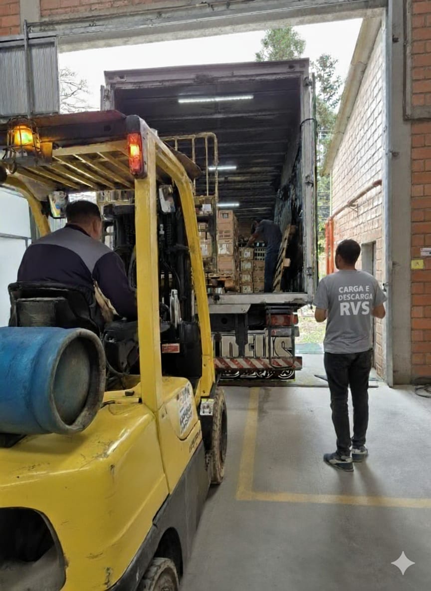 Apoio da equipe RVS em operação com empilhadeira
